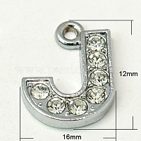 Alloy Rhinestone Letter Charms, Platinum Metal Color, Letter.J, 17x9.5x2mm,  Hole: 1.5mm