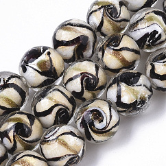 Abalorios de cristal de murano de arena de oro hecho a mano hilos, redondo, negro, 11.5~12.5x11~12mm, agujero: 1.2 mm, aproximamente 45 pcs / cadena, 20.08 pulgada