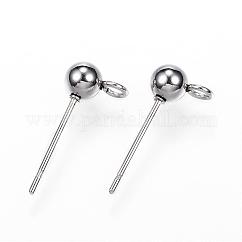 Anlaufgeschützte Ohrstecker-Beschläge aus 304er Edelstahl mit Kugeln, mit Schleife, Edelstahl Farbe, 15x7x4 mm, Bohrung: 1.7 mm, Stift: 0.7 mm