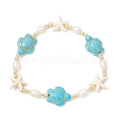 Браслеты из синтетических бирюзовых бусин в виде черепахи и морской звезды и натурального культивированного пресноводного жемчуга для женщин&nbsp;BJEW-JB12046-01