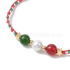 Navidad 6mm redondo teñido natural Taiwán jade y cornalina natural y cuentas de semillas de vidrio pulseras de cuentas trenzadas&nbsp;BJEW-MZ00070-03