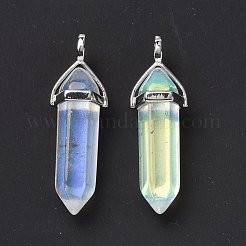 多面カット弾丸ガラスのポイントペンダント  プラチナメッキ真鍮パーツ  ABカラーメッキ  38~39.5x12.5x10mm  穴：5x3mm&nbsp;KK-E282-02P-03