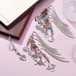 宝石チップ ビーズ ペンダント ブックマーク、合金の花/生命の木/月付き  チベット風フックブックマーク  65~73mm  12個/セット&nbsp;AJEW-JK00244