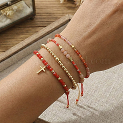 4 шт. Регулируемый плетеный браслет из натуральных смешанных драгоценных камней и стеклянных пластин&nbsp;VI8109-2