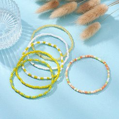 Набор эластичных браслетов из стеклянных семян и латунных бусин&nbsp;BJEW-JB09538-04