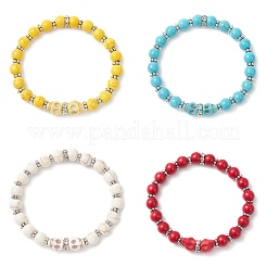 4 bracelet extensible en laiton et perles rondes teintées en turquoise synthétique&nbsp;BJEW-JB12254