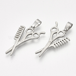 変色しない304ステンレススチールペンダント  はさみ＆くし形  ステンレス鋼色  34x19x2mm  穴：7.5x4mm&nbsp;STAS-T045-30P