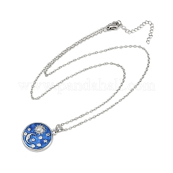 Collar con colgante redondo plano de circonita cúbica transparente micropavé de latón y esmalte azul.&nbsp;NJEW-Z088-03P-01