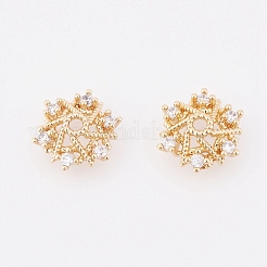 真鍮の派手なビーズキャップ  キュービックジルコニア付き  18KGP本金メッキ  花  ゴールドカラー  9.5x8.5x3mm  穴：1.5mm&nbsp;X-ZIRC-Q002-158