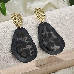 304ステンレススチールヒョウスタッドピアス  アクリルと  ブラック  74x35mm&nbsp;EJEW-Z084-14G-01