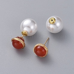 ナチュラルレッドアゲート/カーネリアン丸玉スタッドピアス  アクリルパールのピアスキャッチ付き  金メッキ 304 ステンレススチール スタッド イヤリング金具とイヤーナット  10~10.5mm  ピン：0.6mm&nbsp;EJEW-JE03980-02