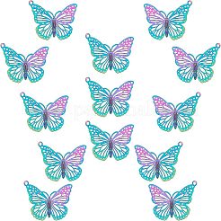 201 ステンレススチール製フィリグリーペンダント  エッチングされた金属装飾  蝶  虹色  18x26x0.3mm  穴：1.2mm  50個/箱&nbsp;STAS-UN0018-90M