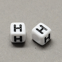 大穴アクリル文字ヨーロピアンビーズ  水平穴  ホワイト＆ブラック  文字付きのキューブ  文字.h  8x8x8mm  穴：4mm  約1144個/500g&nbsp;SACR-Q103-8mm-01H