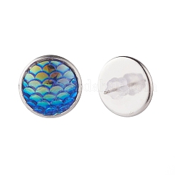 マーメイドスケールフラットラウンドスタッドピアス  女性のための真鍮のアクセサリー  ミックスカラー  15.5x13.5mm  ピン：0.7mm&nbsp;EJEW-JE04798