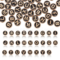 合金エナメルビーズ  ランダムな文字でフラットラウンド  ライトゴールド  ブラック  8x3.5mm  穴：1.4mm  50個/箱&nbsp;ENAM-CJ0001-23