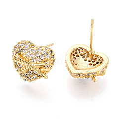 Серьги-гвоздики из латуни с микро-паве и прозрачным фианитом в форме сердца EJEW-T047-48G
