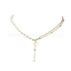 Двухслойные ожерелья из латунной цепочки с натуральным культивированным пресноводным жемчугом и бусинами из риса NJEW-JN05689