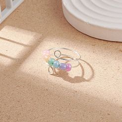 ガラスシード回転ビーズカフリング  不安ストレス解消のための銀メッキ銅線ラップジュエリー  パールピンク  usサイズ9 3/4(19.5mm)&nbsp;RJEW-JR00511-05
