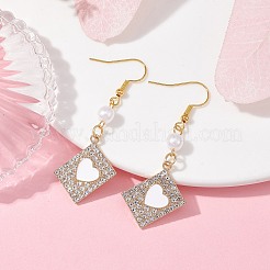 Прямоугольные серьги из сплава со стразами и подвесками в форме сердца EJEW-JE05491-01