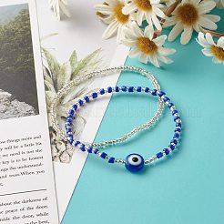 女性の女の子のためのナザールボンジュウ樹脂ビーズブレスレット  クリスタルガラスシードビーズストレッチブレスレットセット  ミックスカラー  内径：2-1/8インチ（5.4cm）  2個/セット&nbsp;BJEW-JB06747