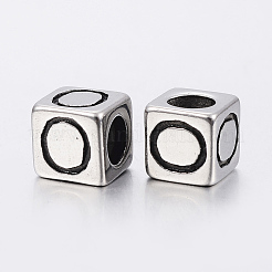 304 ステンレススチール 大きな穴文字 ヨーロッパ ビーズ  文字.o付きのキューブ  アンティークシルバー  8x8x8mm  穴：5mm&nbsp;STAS-H428-01AS-O