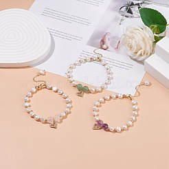 キュービック ジルコニア ハート チャーム付きジェムストーン & パール ビーズ ブレスレット  女性のためのアクセサリー用原石のアクセサリー  内径：2-1/8~2-5/5インチ（5.4~6.8cm）&nbsp;BJEW-JB08167