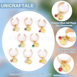 8 ensemble de bagues à breloques rondes plates en acier inoxydable 201 avec strass et pierre de naissance bicolore&nbsp;RJEW-AB00003