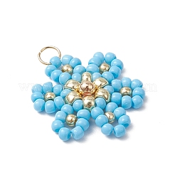 ガラスシードビーズの花のペンダント  304ステンレススチール製丸カン付き  ライトスカイブルー  22.5x17.5x4mm  穴：2.5mm&nbsp;PALLOY-MZ00712-05
