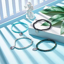 リーフチャーム付きナチュラルジェムストーンラウンドビーズストレッチブレスレット  女性のためのアクセサリー用原石のアクセサリー  内径：2-1/4インチ（5.6cm）&nbsp;BJEW-JB07587