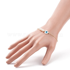 Perla naturale e braccialetto a maglie con cuore di conchiglia e malocchio con catene in ottone da donna&nbsp;BJEW-JB08329-02