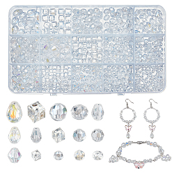 Nbeads 15 style brins de perles de verre galvanoplastie transparent, de couleur plaquée ab , facette, larme & cube & rond & rondelle & bicône, couleur mixte, 4~12x4~4~8x4~8mm, Trou: 0.4~1.5mm, 1390 pcs / boîte