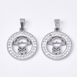 201 Stainless Steel Pendants, with Random Size Snap On Bails and Polymer Clay Crystal Rhinestones, Flat Round with Monkey, Stainless Steel Color, 23x20x2~3mm, Hole: 7~10x3~5mm