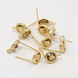 Real Gold Plated Brass Glass Stud Earring Findings, with Loop, Faceted Flat Round, Peru, 10x7x3.5mm, Hole: 1mm, Pin: 0.6mm