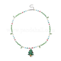 Collar con colgante de árbol de navidad acrílico, collar de cadenas con cuentas de vidrio y murano, verde, 17.32 pulgada (44 cm)