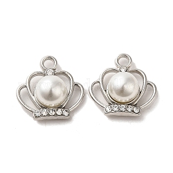 Alliage avec pendentifs en strass, avec abs imitation perle, breloques de la Couronne, platine, 17x17x9mm, Trou: 2.2mm