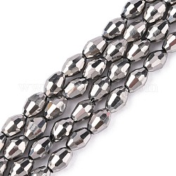 Electroplate Glass Beads Strands, Silver Plated, Faceted Oval, Silver, beads: about 4mm wide, 6mm long, hole: 1mm, 17 inch, 72pcs/strand
