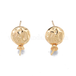 Brass Stud Earring Findings, for Half Drilled Beads, Flat Round, Real 18K Gold Plated, 14x8.8mm, Pin: 0.7mm