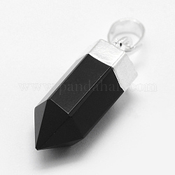 Dyed Natural Black Agate Pointed Pendants, Brass Findings, Long-Lasting Plated, Bullet, Silver, 19~20x6.5~7mm, Hole: 3.5x6mm