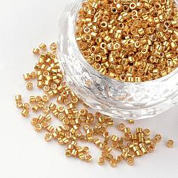 Perles de bugle en verre plaqué, verge d'or, 1~2x1.5~2mm, Trou: 0.5mm, environ 100 g /sachet 
