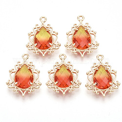 Brass Pendants, Two Tone, with Faceted Glass, Teardrop, Golden, Orange Red, 25.5x19x6mm, Hole: 1.6mm