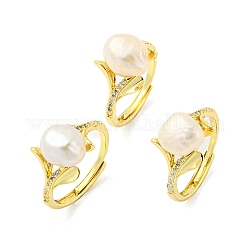 Anello regolabile fiore della vita con perle naturali, anello da dito in ottone con zirconi, vero placcato oro 14k, misura degli stati uniti 7 (17.3mm)