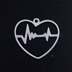Pendentifs de filigrane en 201 acier inoxydable, coeur avec battement de coeur / ecg, couleur inoxydable, 19.5x21.5x1mm, Trou: 1.4mm