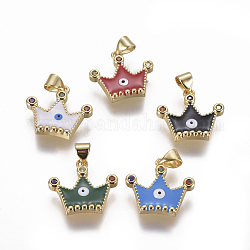 Brass Micro Pave Cubic Zirconia Pendants, with Enamel, Crown with Evil Eye, Golden, Mixed Color, 16.5x18.5x2.5~3mm, Hole: 4x3mm