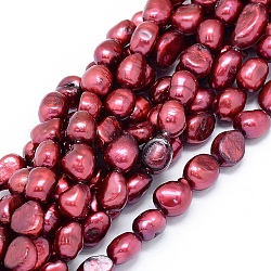 Hilos de perlas de agua dulce cultivadas naturales teñidas, oval, de color rojo oscuro, 10~15x6~10mm, agujero: 0.8 mm, aproximamente 30~34 pcs / cadena, 14.1 pulgada (36 cm)