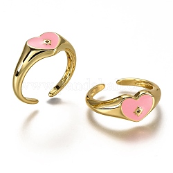 Brass Micro Pave Clear Cubic Zirconia Cuff Rings, Open Rings, with Enamel, Heart with Star, 
Real 18K Gold Plated, Long-Lasting Plated, Pink, US Size 7 1/4(17.5mm)