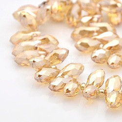 Facetas lágrima perla brillo plateado electrochapa cuentas de vidrio hebras, cuentas perforadas superiores, vara de oro, 12x6mm, agujero: 1 mm, aproximamente 100 pcs / cadena, 15.5 pulgada