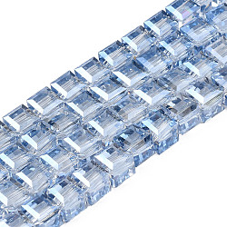 Galvanisieren transparente Glasperlen Stränge, facettiert, Würfel, hellstahlblau, 7x7x7 mm, Bohrung: 1.4 mm, ca. 100 Stk. / Strang, 26.77 Zoll (68 cm)