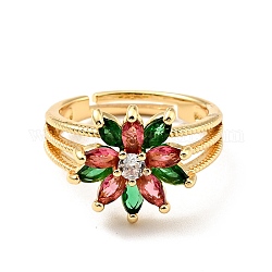 Cubic Zirconia Flower Adjustable Ring, Real 18K Gold Plated Brass Jewelry for Women, Cadmium Free & Lead Free, Colorful, US Size 6 3/4(17.1mm)
