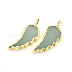 Natural Green Aventurine Gemstone Wing Pendants, with Golden Plated Brass Findings, 59x24x8mm, Hole: 5x8mm