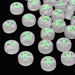 Luminous Acrylic Beads, Horizontal Hole, Flat Round with Random Mixed Letters, Green, 10x6mm, Hole: 2mm, about 1413~1488pcs/471g